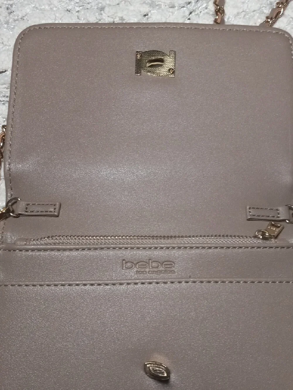 Bebe Quilted Taupe Crossbody with Gold Chain